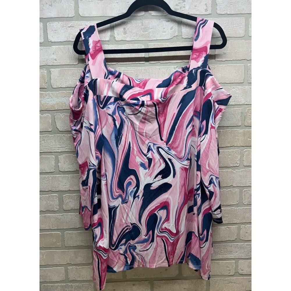 Bloom Delight Womens Plus 4X Off-Shoulder Marbled Tunic Top Pink & Blue Swirl De